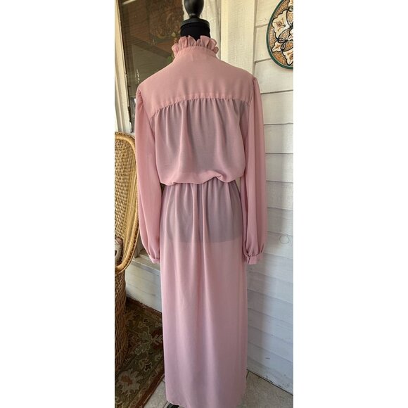 Vintage 70's Mauve Rose Maxi Dress Pleated Front Sheer Poly Chiffon Style Sz XL - Picture 9 of 16